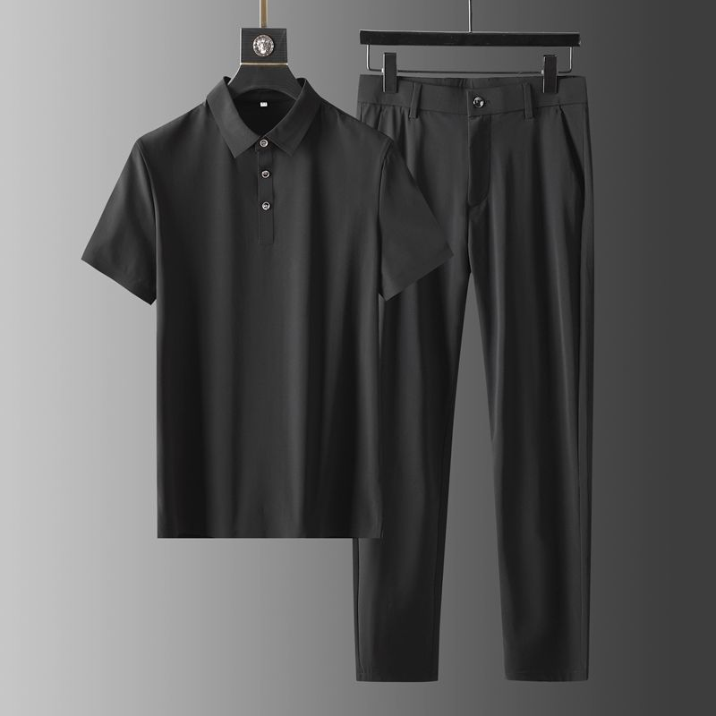 Men's Black Ice Silk Short Sleeve Two Piece