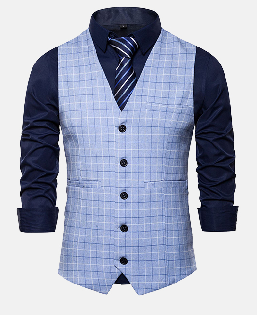 Fashion Plaid V Neck Single Breasted Slim Fit Blazer Vest